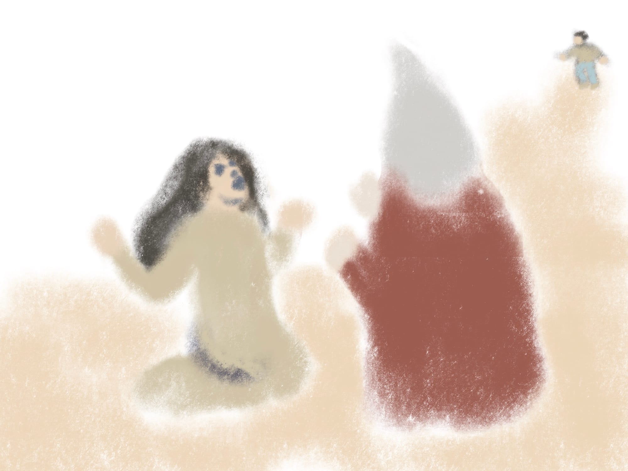 A woman kneeling on the ground, screaming. An old woman trying to console her. A man running in from afar.